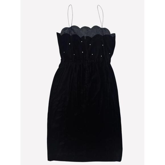Vintage Black Velvet Mini Cami Dress & Jacket Scalloped Trim Rhinestones Size 12 - Picture 4 of 8